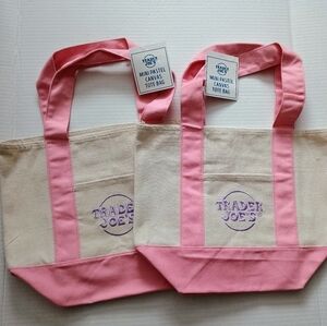 Set of 2 - Trader Joes Mini Pastel Canvas Tote Bag PINK NEW!